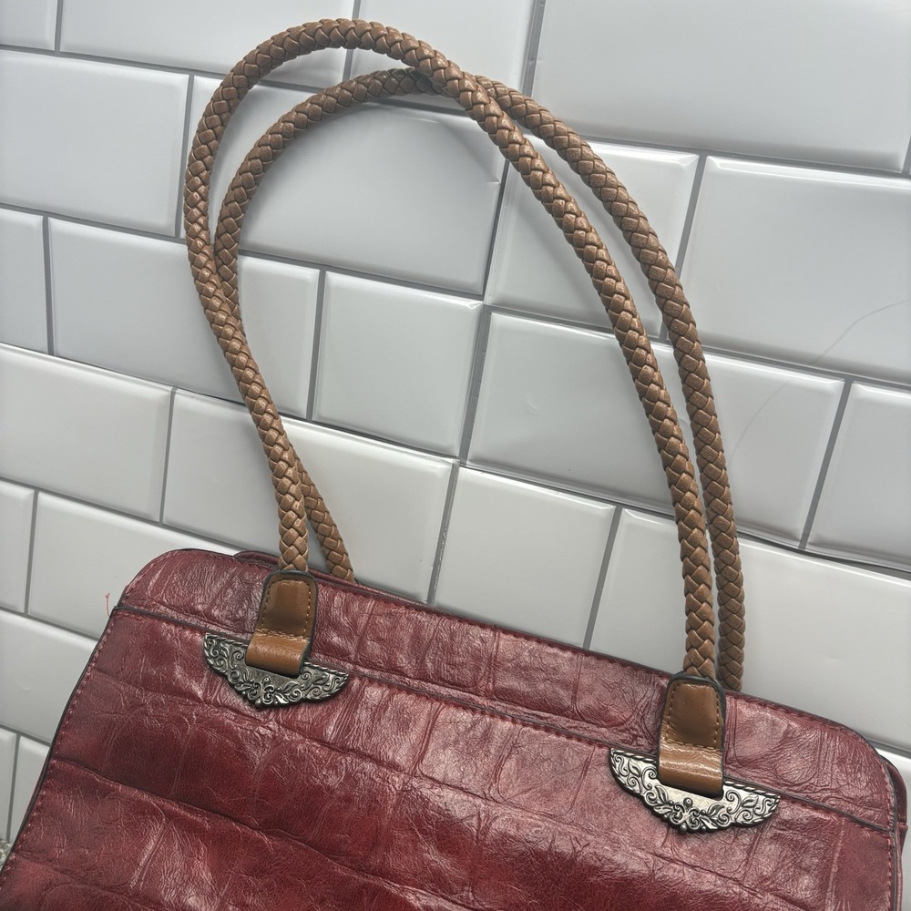 Bueno Leather Handbag Red Brick Color Woven Handle Nice - Picture 3 of 10
